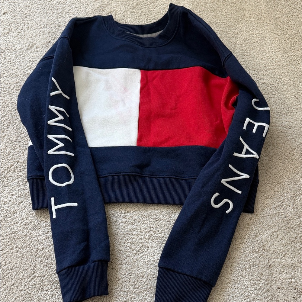 Tommy Hilfiger Navy Sweatshirt with Red and White Flag Panel